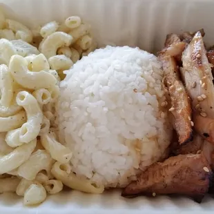 A mini Teriyaki Chicken meal (comes with 1 scoop of rice, 1 scoop of mac salad, and less meat) [$6].