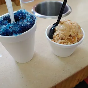 Small blueberry sno-ball and peanut butter ice cream