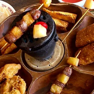 Spinning Flaming PuPu Platter be Balamaki, Crab Rangoon, Shrimps, Eggrolls with Fire  hotpot