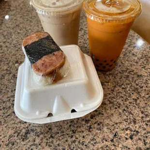 Spam Musubi, Thai Tea, Milk Tea.