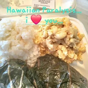 Laulau, rice and Mac salad.