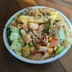 Seared albacore, shrimp, spicy scallops, octopus