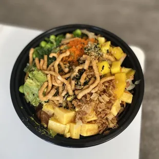 Two scoops salmon, 1 scoop tuna, lemon ponzu and spicy shoyu + most of the toppings!
