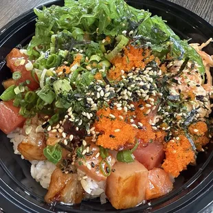 Poke bowl with Albacore, Tuna, Salmon