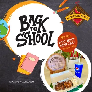 Celebrate back to school with Hawaiian Style Grill! 1 per Student ID.