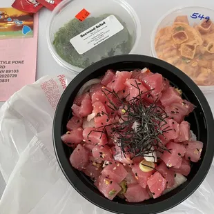 Spicy poke bowl. Seaweed salad. Spicy Mayo mix poke.