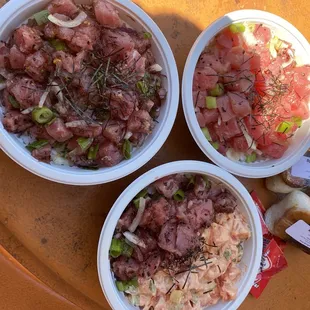 Limu poke, Shoyu poke, and Two choice Limu and spicy mayo poke. Spam Musubi action.