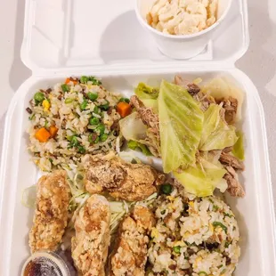 Hawaiian Sun Combo: Mochiko Chicken + Kahlua Pork w/ Cabbage. Sub white rice with beef fried rice.