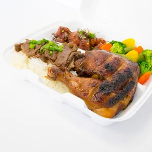 HFK Mix Plate. Huli Chicken, Poke, BBQ Beef, and Veggies!