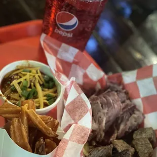 Smoked corned beef, Burnt ends with Burnt end Chili and sweet potato fries. And a Red Cream Soda.