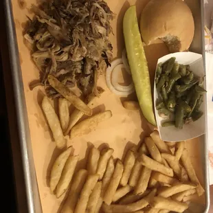 Pulled pork, French fries, green beans, dinner roll