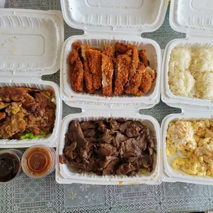Family meal with katsu chicken, BBQ chicken and BBQ beef