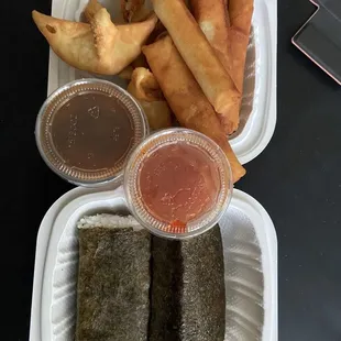 Crab Rangoons, Lumpia and 2 Piece Spam Musubi. Yum!