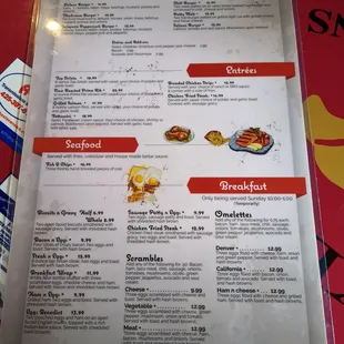 Burgers, Entrees, Seafood and Breakfast menu.