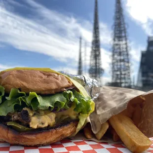 Fat Burger (with cheese) + French Fries - with a juxtaposition of the Watts Towers