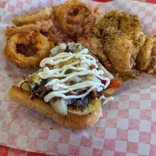 This is the Cheese steak combo with onion rings.