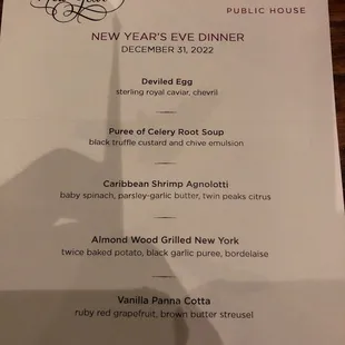 New Year's Eve dinner menu.