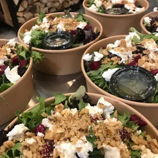 Our salads are made fresh daily with our house made dressings made with 100% olive oil. No GMO's, we promise.