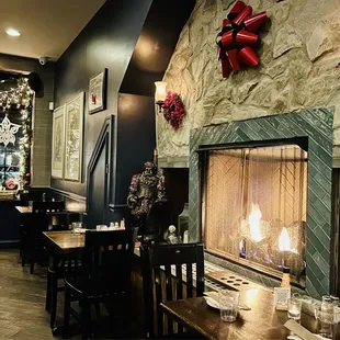 a fireplace in the dining room