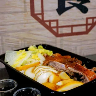 Two Selections Combo Dish (雙拼飯): served with white rice ($8.25). Brine Cuttlefish (卤水墨鱼) and Roasted Duck (烧鸭) each added $1.50.