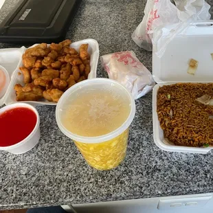 Fried rice, S&amp;S chicken, and egg drop soup