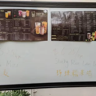 menus and prices on a white board
