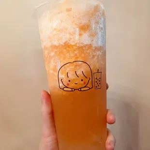 Pink Lady (peach green tea with crystal boba). Think it's a seasonal summer drink. It's alright like canned peach.