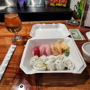 5 pc nigiri with 8 pc CA roll, $20. Request of no salmon was granted.  Farmed = unsustainable. Food not great. Not trying again. 7-18-24