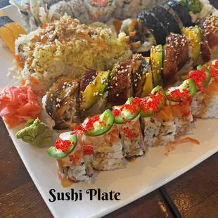 The food items we ordered were: 2 California Rolls, 1 Tempura Crunch Roll, 1 Teriyaki Chicken Roll, 1 Dragon Roll, 1 Sunny Maki