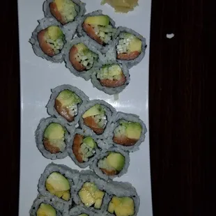 2 Alaska roll (1 fresh salmon and 1 smoked salmon) 1 roll mango and avocado