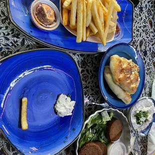 Appetizers - Baba Ganough, french fries and Falafel