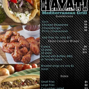 Sandwich, chicken wing, and side menu!