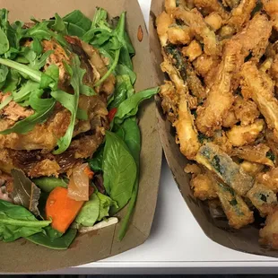 Fried Green Tomato Crab Remoulade Salad with Pickled Veggies and Tempura Fried Zucchini