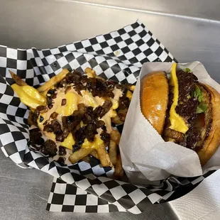 Double cheeseburger and Jimi Fries