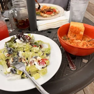 Green pepper soup with focaccia and a seasonal salad. Also a smashed burger