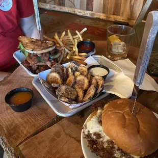 Smash burger, pickle chips, BLT and fries.