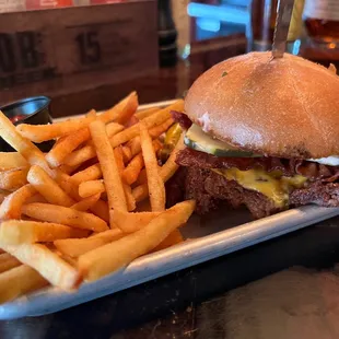 Smash Burger with bacon and cheese with fries