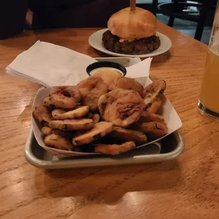 Pickle chips and a cheese burger