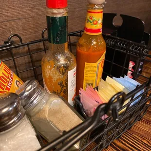 a basket of condiments