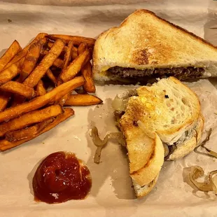 Patty melt with sweet potato fries