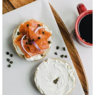 Bagel, Lox and Cream Cheese Breadworks bagel with lox and cream cheese, red onion, capers