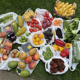 a variety of fruits and vegetables laid out on the grass
