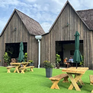 picnic tables and umbrellas