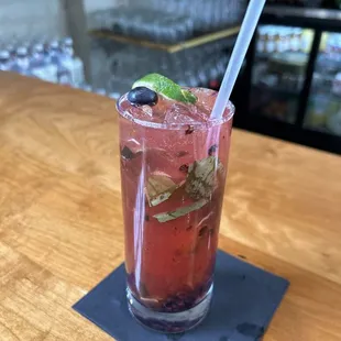 Mocktails in Monroe! Our mom-alcoholic Blueberry Basil Smash. One of a collection of rotating NA drinks.