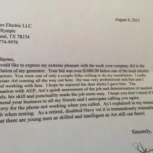 We received this nice letter from one of our customers. Its always great to get these.