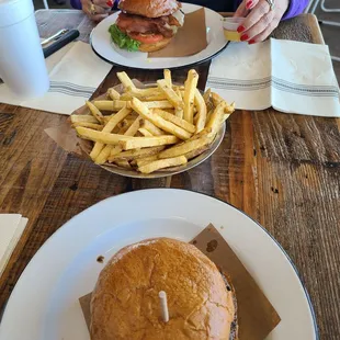 Fries and bacon and cheese burger