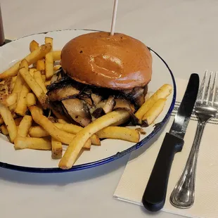 Yes, I shined the cutlery for my photo. Mushroom Swiss Burger &amp; Fries.