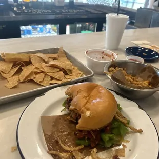 Haystack Onions Haystack Onions Half/Half Salsa &amp; Chips Haystack Burger Pitch Fork Chili Burger