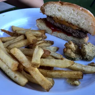 The kid's cheeseburger and fries are big enough to split between two.