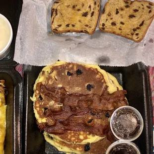 Buttered Raisin Toast (from the Denver 3 Egg Omelet Breakfast) &amp; 2 Blueberry &amp; Pecan Hot Cakes with Bacon Breakfast